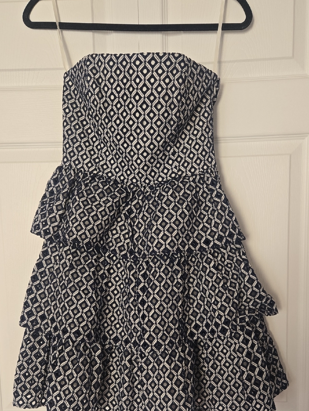 White House Black Market Navy and White Strapless Tiered Geometric Dress